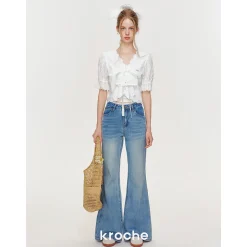 Kroche Lace Bow Lace Up Shirt Top White