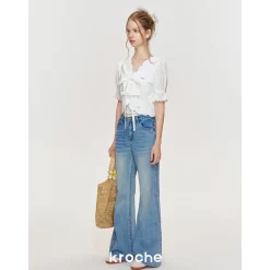 Kroche Lace Bow Lace Up Shirt Top White