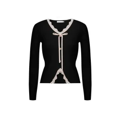 Kroche Lace Edge Bow V-Neck Knit Cardigan Black