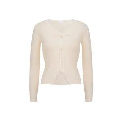 Kroche Lace Edge Bow V-Neck Knit Cardigan White
