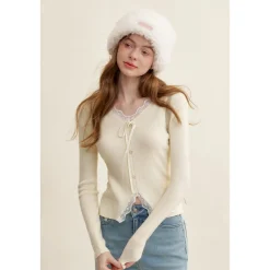 Kroche Lace Edge Bow V-Neck Knit Cardigan White