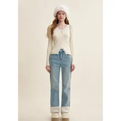 Kroche Lace Edge Bow V-Neck Knit Cardigan White