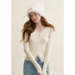 Kroche Lace Edge Bow V-Neck Knit Cardigan White