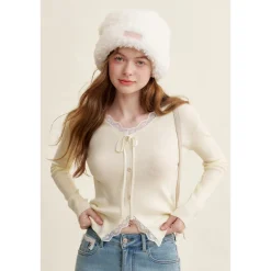 Kroche Lace Edge Bow V-Neck Knit Cardigan White