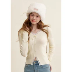 Kroche Lace Edge Bow V-Neck Knit Cardigan White