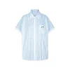 Kroche Lace Edge Hollow Out Striped Embroidery Shirt Blue