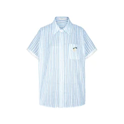 Kroche Lace Edge Hollow Out Striped Embroidery Shirt Blue
