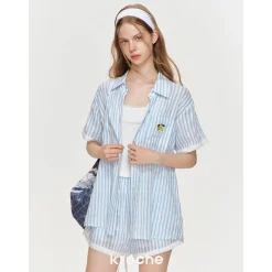 Kroche Lace Edge Hollow Out Striped Embroidery Shirt Blue