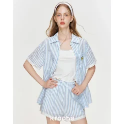 Kroche Lace Edge Hollow Out Striped Embroidery Shirt Blue