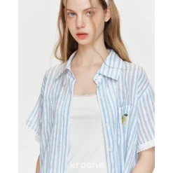 Kroche Lace Edge Hollow Out Striped Embroidery Shirt Blue