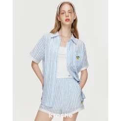 Kroche Lace Edge Hollow Out Striped Embroidery Shirt Blue