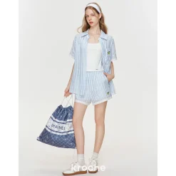 Kroche Lace Edge Hollow Out Striped Embroidery Shirt Blue