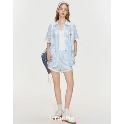 Kroche Lace Edge Hollow Out Striped Embroidery Shirt Blue