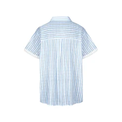Kroche Lace Edge Hollow Out Striped Embroidery Shirt Blue
