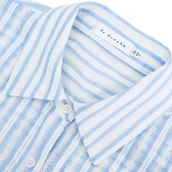 Kroche Lace Edge Hollow Out Striped Embroidery Shirt Blue