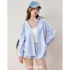 Kroche Lace Edge Patchwork Plaid Shirt Blue