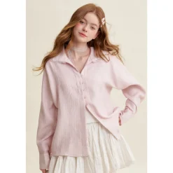 Kroche Lace Edge Patchwork Texture Loose Shirt Pink