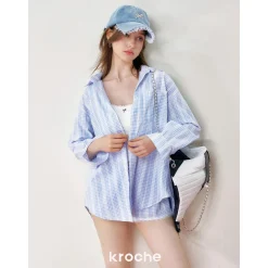 Kroche Lace Edge Patchwork Plaid Shirt Blue