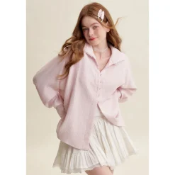 Kroche Lace Edge Patchwork Texture Loose Shirt Pink