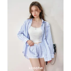 Kroche Lace Edge Patchwork Plaid Shirt Blue