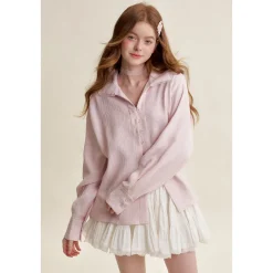 Kroche Lace Edge Patchwork Texture Loose Shirt Pink