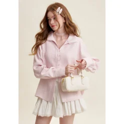 Kroche Lace Edge Patchwork Texture Loose Shirt Pink