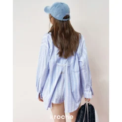 Kroche Lace Edge Patchwork Plaid Shirt Blue