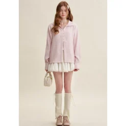 Kroche Lace Edge Patchwork Texture Loose Shirt Pink