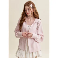 Kroche Lace Edge Patchwork Texture Loose Shirt Pink