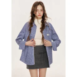 Kroche Lace Edge Plaid Casual Shirt Blue