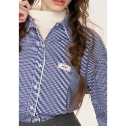 Kroche Lace Edge Plaid Casual Shirt Blue