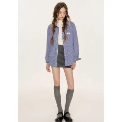 Kroche Lace Edge Plaid Casual Shirt Blue