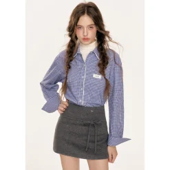 Kroche Lace Edge Plaid Casual Shirt Blue