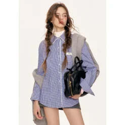 Kroche Lace Edge Plaid Casual Shirt Blue