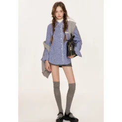 Kroche Lace Edge Plaid Casual Shirt Blue
