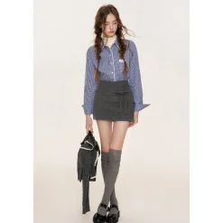 Kroche Lace Edge Plaid Casual Shirt Blue