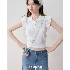 Kroche Lace Patchwork Embroidery Knit Top White