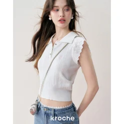 Kroche Lace Patchwork Embroidery Knit Top White