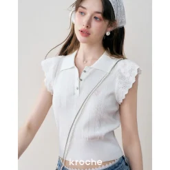Kroche Lace Patchwork Embroidery Knit Top White
