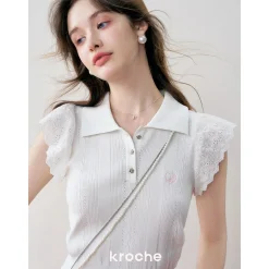 Kroche Lace Patchwork Embroidery Knit Top White