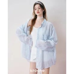 Kroche Lace Patchwork Ribbon Striped Shirt Blue