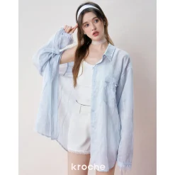 Kroche Lace Patchwork Ribbon Striped Shirt Blue