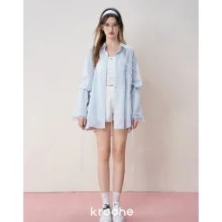 Kroche Lace Patchwork Ribbon Striped Shirt Blue