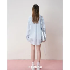 Kroche Lace Patchwork Ribbon Striped Shirt Blue