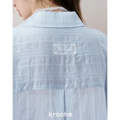 Kroche Lace Patchwork Ribbon Striped Shirt Blue