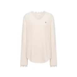 Kroche Lace Patchwork V-Neck Knit Top Cream
