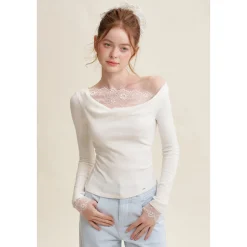 Kroche Lace Patchwork Wrinkle Diagonal Shoulder Top
