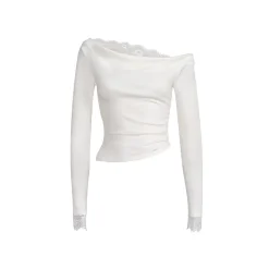 Kroche Lace Patchwork Wrinkle Diagonal Shoulder Top