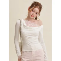 Kroche Lace Patchwork Wrinkle Diagonal Shoulder Top
