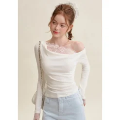 Kroche Lace Patchwork Wrinkle Diagonal Shoulder Top